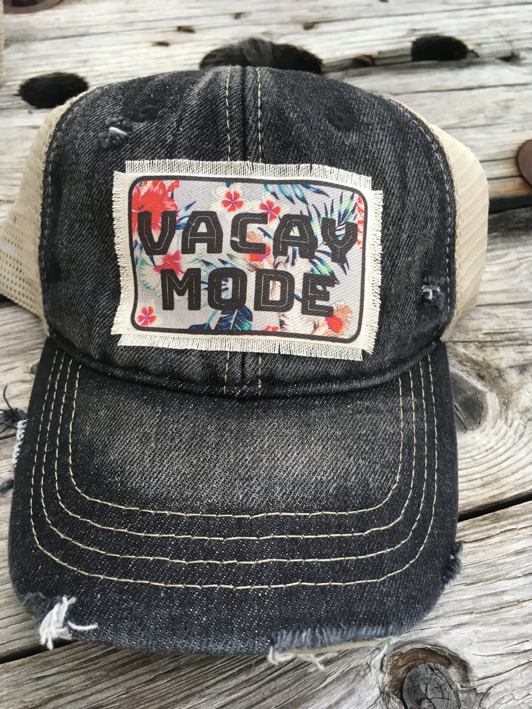 Vacay Mode. Black Denim SnapBack Hat