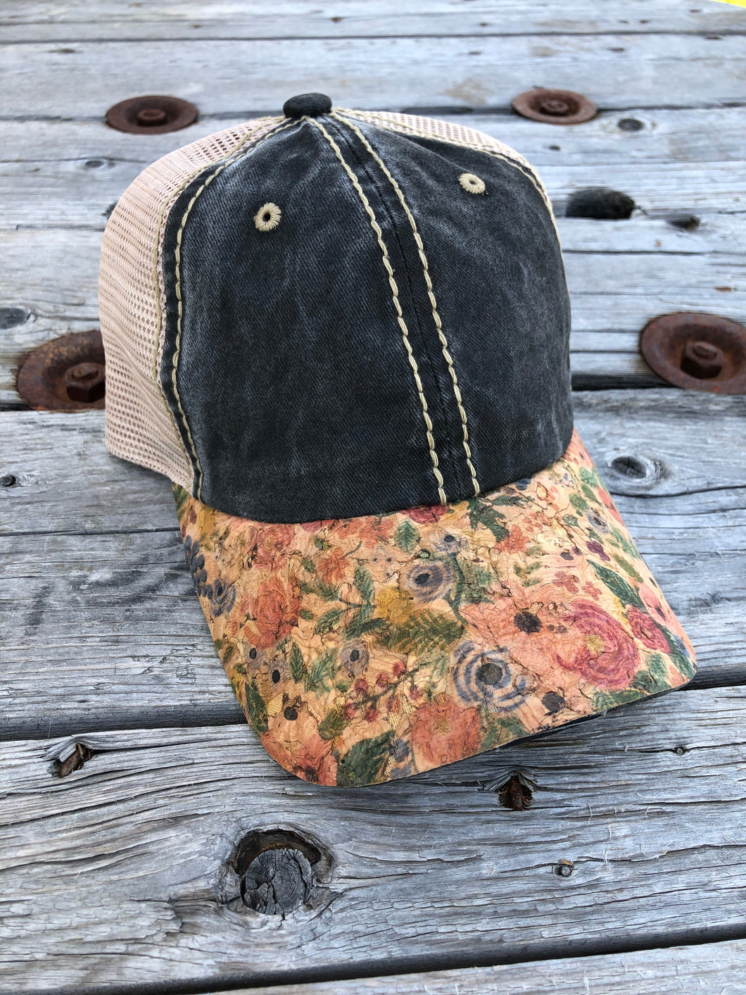 Floral Cork Bill- Dark Denim Hat