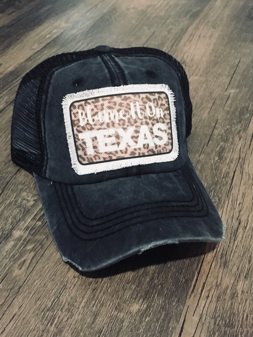 Leopard Print Blame It On Texas. Black Hat