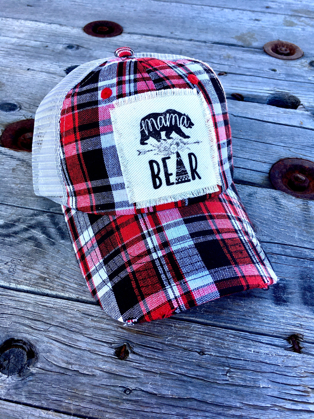 Mama Bear Red Plaid Hat