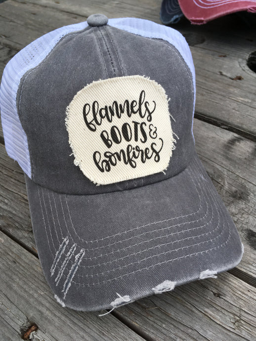 RTS- Flannels boots bonfires. Grey Hat