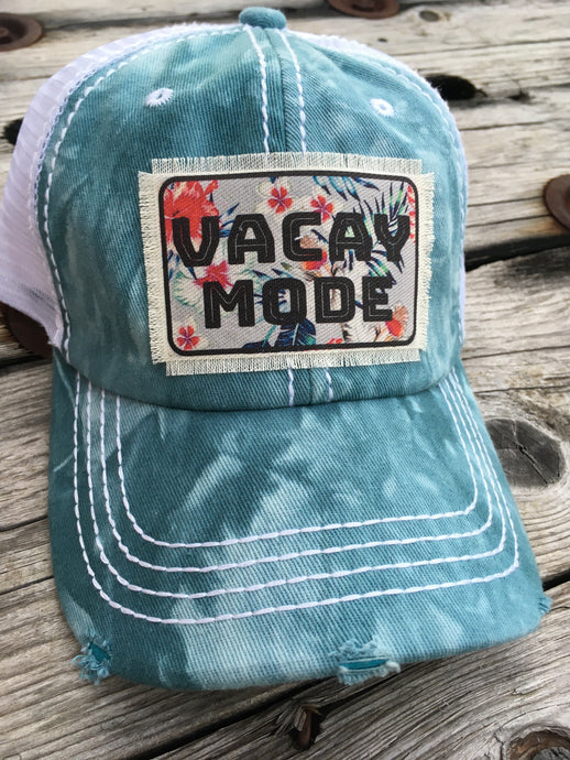 Vacay Mode. Teal Tie Dye Hat. Velcro Closure