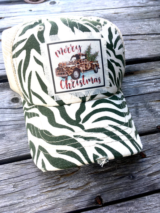 Merry Christmas Leopard Truck Green Canvas Hat