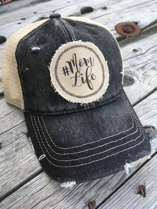 #MomLife Black denim distressed Hat