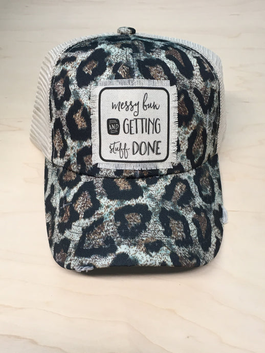 Messy Bun leopard crisscross hat