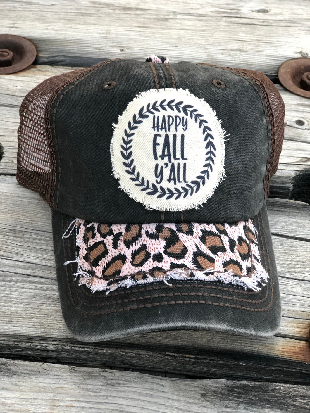 Happy fall y’all- black brown leopard frayed bill