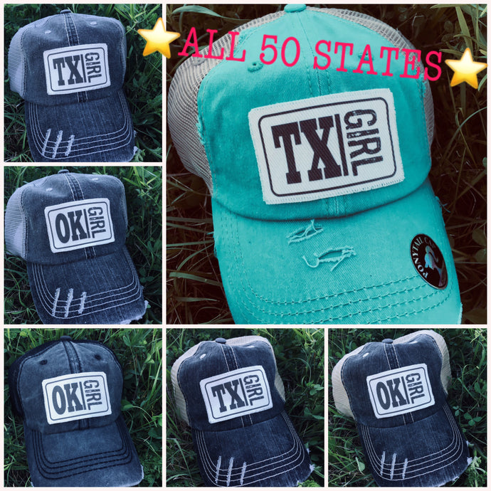 State Girl Hat. Distressed Hats